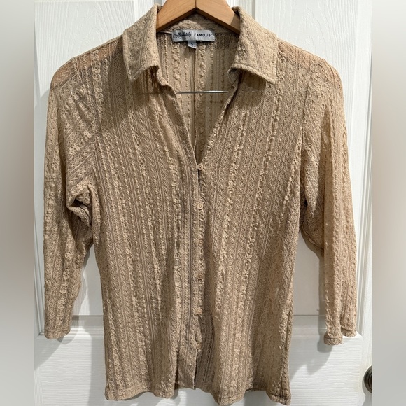 Absolutely Famous Tops - Tan Semi Sheer Lace Women's Button Top Y2K Vampire Diaries Cottagecore Prarie
